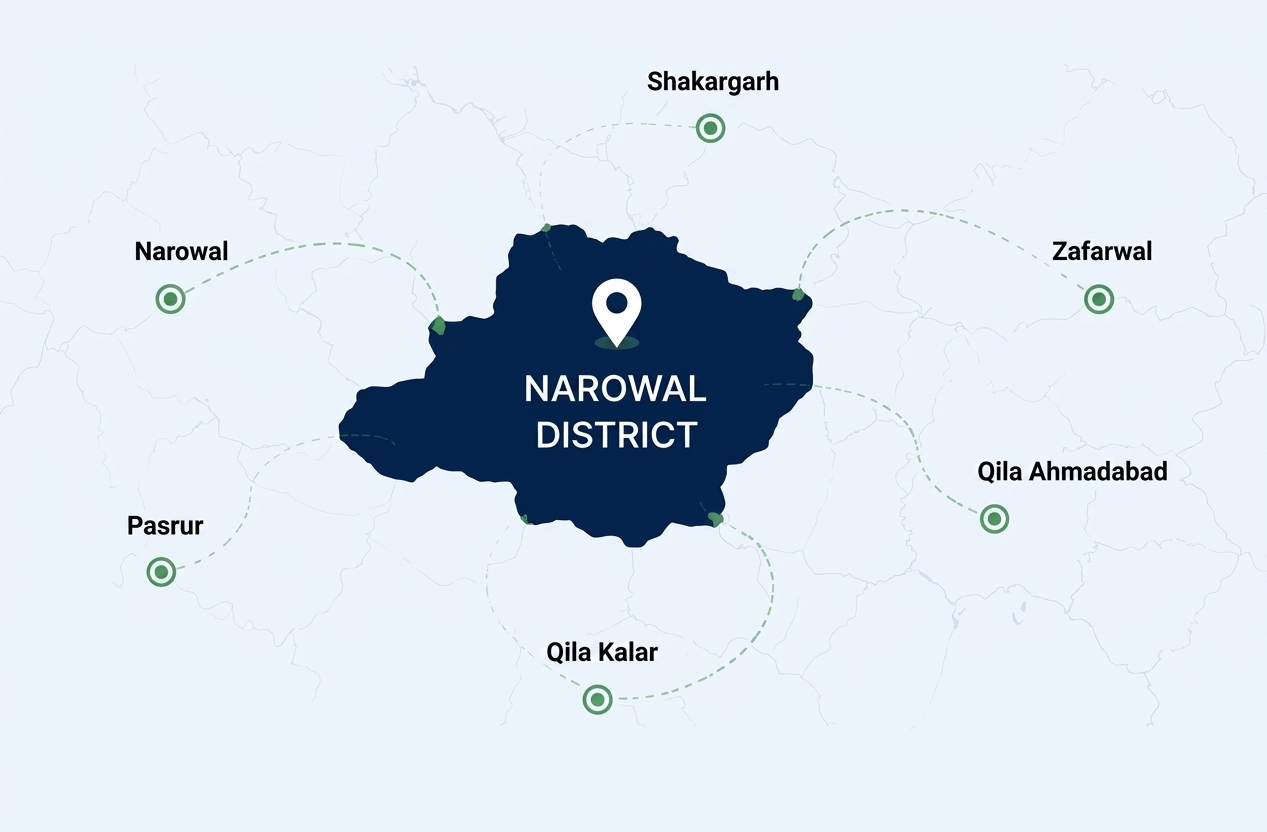 Mirza Medicine Company distribution network map covering Narowal District and surrounding areas